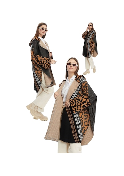 Kadın Büyük Bedene Uygun Kapüşonlu Kışlık Kalın Leopar Desenli Panço Leopar Kahve Kahverengi