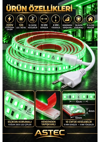 Astec Yapışkanlı 3 Metre Yeşil 220v Silikonlu Şerit Led Yüksek Güç Tak Çalıştır İç Dış Mekân Su Geçirmez