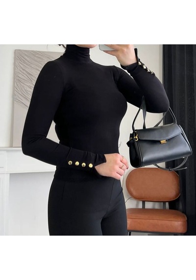 Balıkçı Yaka Kolu Gold Çıtçıt Detaylı Body Siyah Balıkçı Yaka Kolu Gold Çıtçıt Detaylı Body Siyah