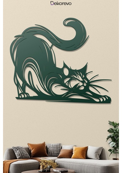 Dekoratif Metal Kedi Duvar Tablosu - Metal Duvar Sanatı - Yosun Yeşili - 75 X 60 Cm Yeşil