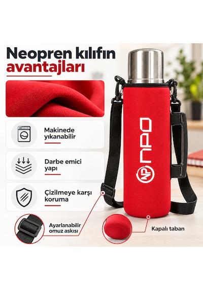 Npo Nt01 2 Katman Vakum Teknolojili 24h Sıcak 48hsoğuk 72hbuzlu Koruma Çelik Termos Kırmızı Kılıflı