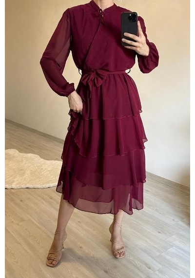 Neşeli Butik Kadın Kat Kat Volanlı Kuşaklı Midi Şifon Elbise Nm004 Bordo