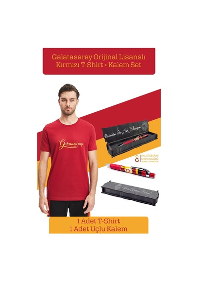 Galatasaray Lisanslı Kırmızı Erkek T-shirt + Uçlu Kalem Set Ahşap Kutulu 104 Kırmızı