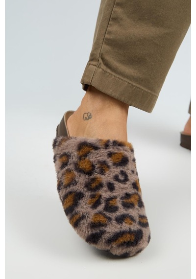 Manijero Leda Kadın Peluş Düz Vizon Leopar Terlik