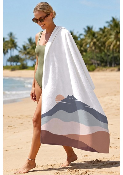 Minimalist Dağ Manzara Plaj Havlusu - Modern Bohem Pastel Renkli Hızlı Kuruyan Mikrofiber Havlu Uçuk Çayı