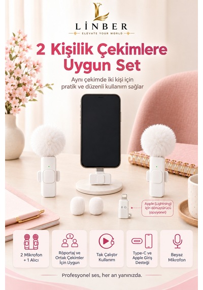 Kablosuz Tüylü Beyaz Yaka Mikrofonu Type-c Ve İos Girişli 2 Li Set Bluetooth 5.0