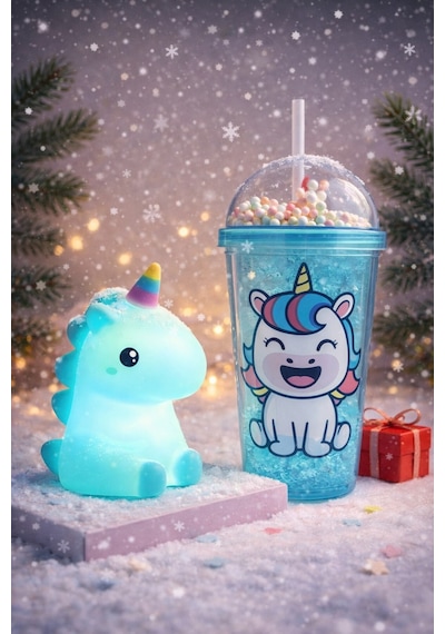 2 Li Set Işıklı Renkli Unicorn Figürlü Gece Lambası & Pipetli Boncuk Detaylı Suluk Bardak Mavi 450ml Set
