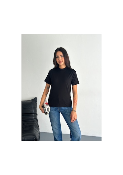 Fiolin Beyaz Ve Siyah Dik Yaka 2'li Paket Basic Örme T-shirt Siyah - Beyaz