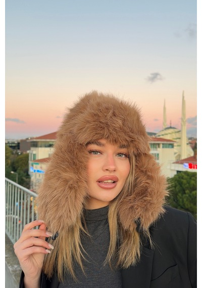 Mollycrush Luxury Kadın Kahverengi Uzun Tüylü Suni Kürklü Peluş Tüylü Pilot Şapka Kahverengi