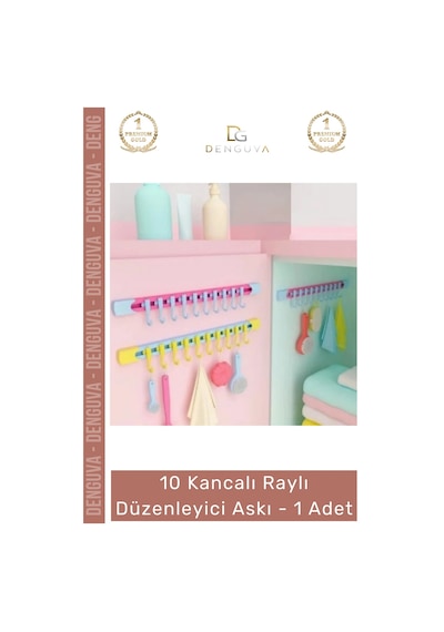 Askı Dolap İçi Pratik Askılık Organizer 10 Kancalı Raylı Mutfak Banyo Düzenleyici Askı Çok Renkli