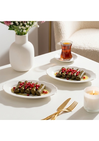Porsima 4462 Gonca Porselen Kayık Tabak Seti - Oval Kahvaltılık Sunumluk Seti 20cm Beyaz
