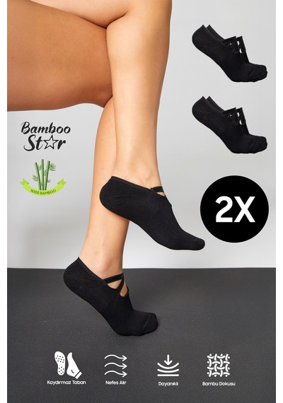 Bamboo Star Bambu Kadın Siyah Pilates Yoga Fitness Dans Aktivite Babet Çorabı 2'li