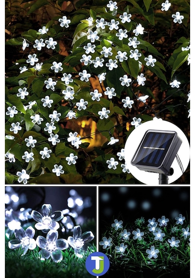 Technojet 50 Çiçekli Led Solar Beyaz Işık Bahçe Dekorasyon Güneş Enerjili Aydınlatma Modlu