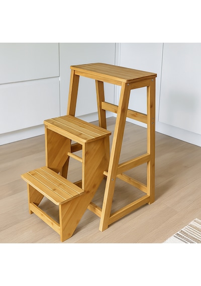 Porsima Pbt-379 Ahşap Bambu 3 Basamak Merdiven - Portatif Demonte Ve Ergonomik Ev Tipi Dekoratif Tabure Merdiven 1 Adet