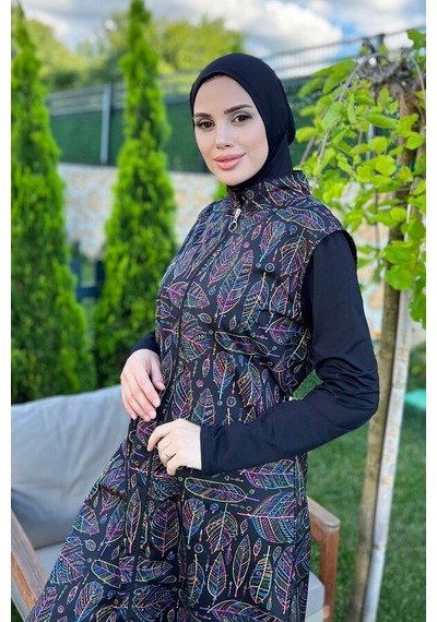 Tam Kapalı Tesettür Mayo Rengi Rengarenk Yaprak Merve Siyah
