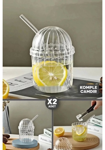 2'li Kübbe Kapaklı Pipetli Bardak 430ml Isıya Dayanıklı Eggglass İskandinav Kahve Sunum Bardağı
