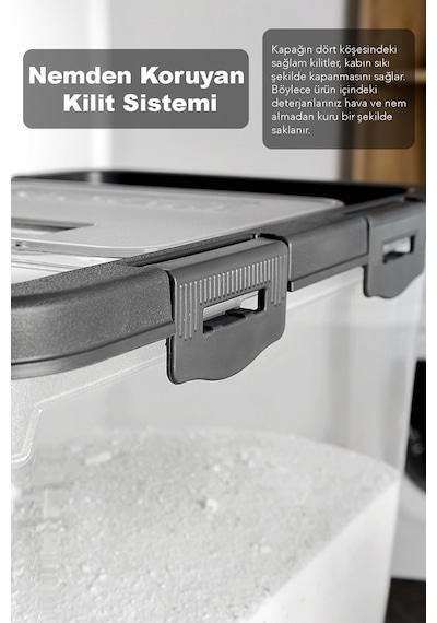 Etiketli Deterjan Saklama Kutusu - 15 Lt Sürgülü Kilitli Kapak Tablet Toz Deterjan Kabı Gri Gri
