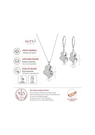 Servi 925 Ayar Gümüş Zirkon Taşlı Kıvrımlı Yaprak Kolye Ve Küpe Seti-449