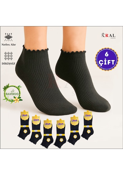 Kral Socks Kadın Bambu Çorap 6 Çift Fırfırlı Patik Kadın Çorap Siyah