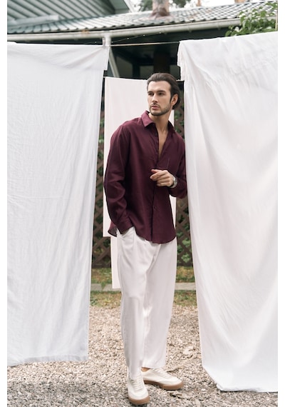 Mai Collection Mai Studios Co. Ombretta Bordo Keten Oversize Erkek Gömlek Bordo