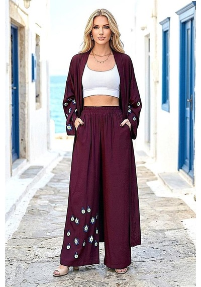 Veraura Lifestyle Bordo Mavi Boncuk Kimono Pantolon Takım
