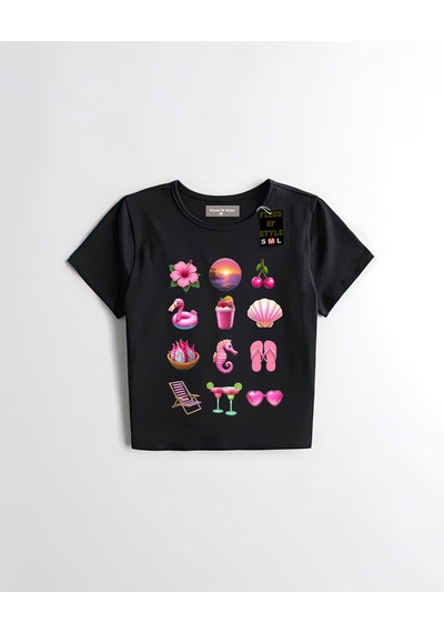 Flood Of Style Siyah Babby Tee Emoji Pink Özel Tasarım