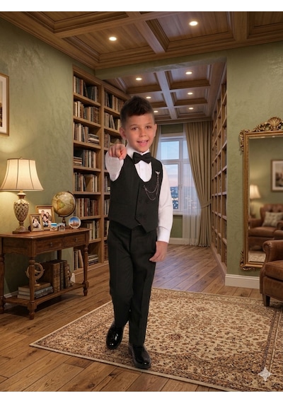 Baby Kids Colors Erkek Çocuk Smokin Takım Elbise 6 Düğmeli Yelekli Papyonlu Zincirli 4'lü Takım Siyah