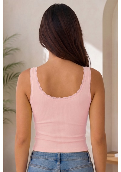 Sensu Kadın Dantel Askılı 2'li Viskon Crop Pembe