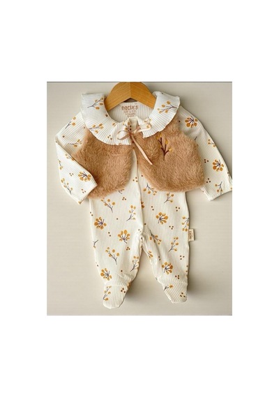 Altıntaş Baby Peluş Yelekli Çiçek Desenli Fitilli Esnek Kumaş Çıtçıtlı Patikli 2li Set Kız Bebek Tulum Ekru Çiçek Desenli Ekru Çiçek Desenli