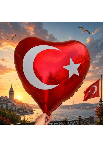 Vıp Kalite 14 Adet Kalpli Türk Bayraklı Balon 70 Cm Kırmızı Türk Bayraklı Folyo Balon Metalik Balon