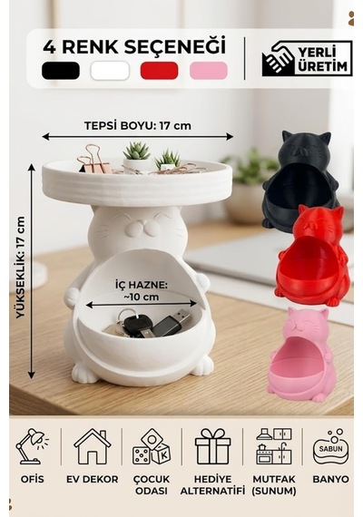 Figürlü Sunumluk Organizer Plastik Çok Amaçlı Kedi Biblo Beyaz 15 X 17