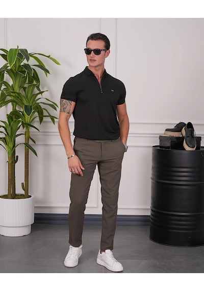 Modefendi Pamuk Likra Slim Fit Kalıp Bebe Yaka Fermuarlı Tshirt Siyah