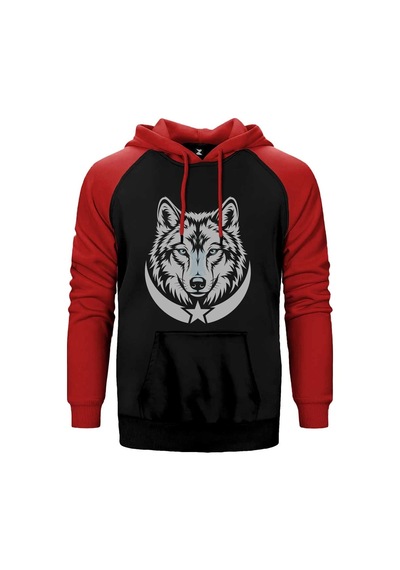 Gri Gerçekçi Kurt Başı Ve Hilal Baskılı Kırmızı Renk Reglan Kol Sweatshirt / Hoodie