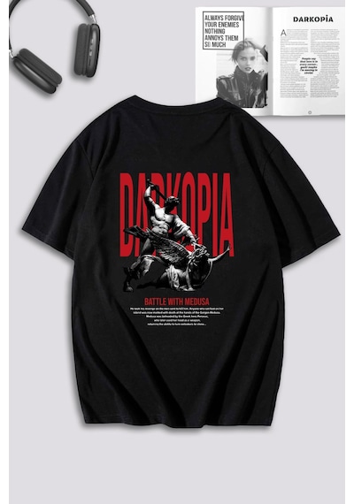 Unisex Kadın Erkek Battle With Medusa Baskılı Özel Tasarım Oversize T-shirt Siyah Mck0064 Siyah
