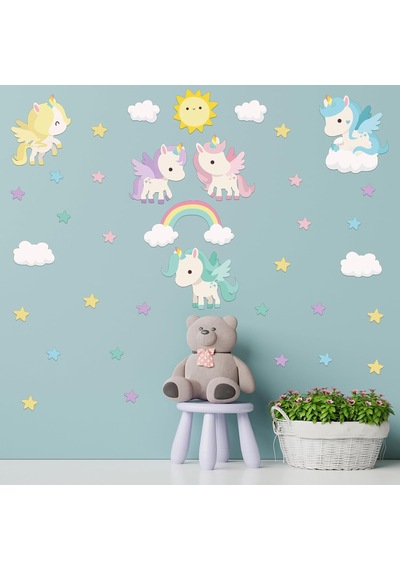 Rengarenk Unicornlar Ve Gökkuşağı Duvar Sticker Seti - Güneş, Yıldızlar Ve Bulutlar Çocuk Odası Dekoratif Çıkartma
