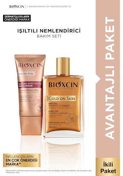 Gold On Skin Işıltılı Yüz Kremi 50 Ml + Altın Parıltılı Simli Kuru Yağ 100 Ml Seti