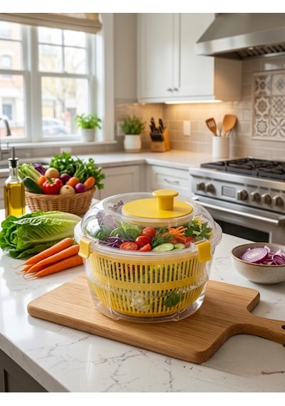 House & More 4.4 Litre Büyük Boy Sebze Meyve Kurutucu Süzgeçli Salata Dönencesi 3 Renk Sarı