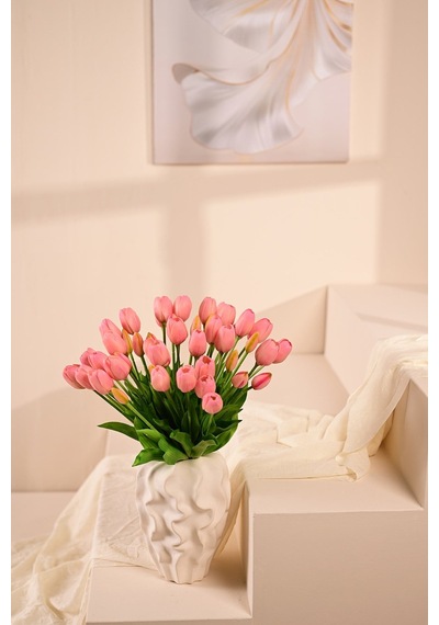 Pembe Yapay Tulipa Lale Çiçeği Buketi 5 Dallı Premium Canlı Islak Dokulu 43 Cm