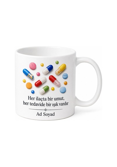 İlaç Kapsülü Temalı Baskılı Kupa Bardak Eczacı Hediye Porselen Mug Beyaz / Çok Renkli