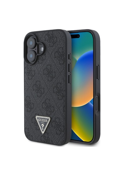 Apple Uyumlu iPhone 16 Kılıf Guess Lisanslı Pu Deri Taşlı Üçgen Logo 4g Desenli Strass Kapak Siyah
