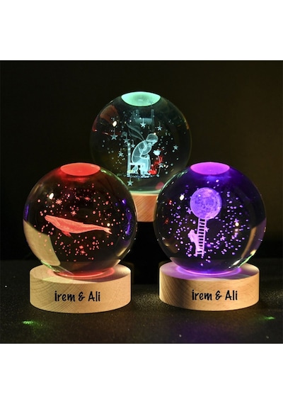 Işıklı Ahşap Kaideli 3'lü Cam Küre 8cm 6cm