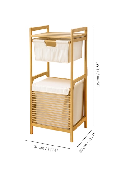 Çekmeceli Bambu Çamaşır Sepeti - Banyo Düzenleyici Organizer Raflı Natural Kirli Çamaşır Sepeti Bej