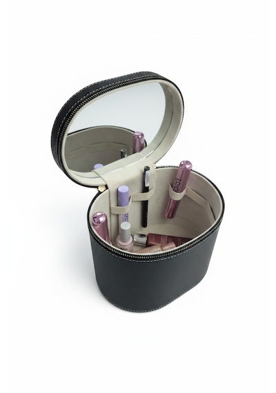 Makyaj Düzenleyici Aynalı Makyaj Çantası Siyah Bölmeli Taşınabilir Kozmetik Organizer 19x15x16 Cm