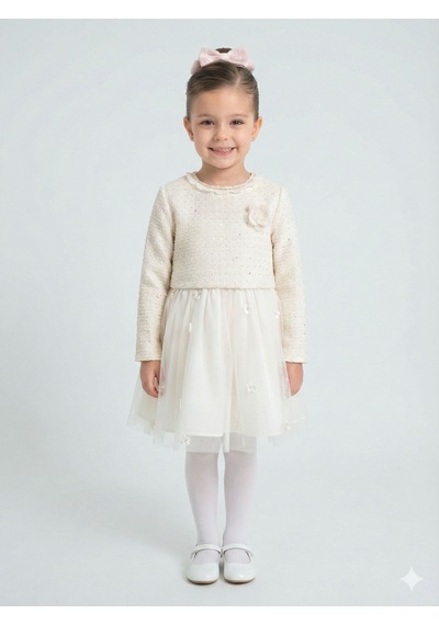 Xo Kids Çiçek Broşlu Krem Renk Prenses Model Kız Çocuk Ceketli Elbise 4-10 Yaş 4422 Ekru