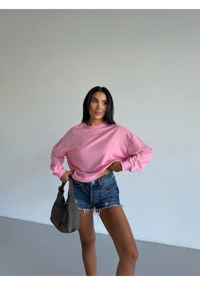 Kadın Pembe Bisiklet Yaka 2 İplik Sweatshirt Hzl25w-fry123391 Açık Pembe