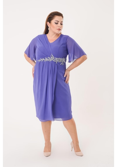 Lilas Xxl Büyük Beden Lila Renkli Kısa Şifon Abiye Elbise