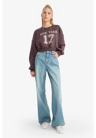 Defacto Coool Crop Bisiklet Yaka Baskılı Kalın Sweatshirt F8006ax25aubn549 Kahve