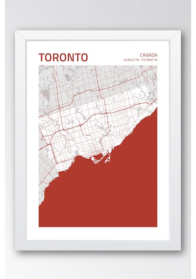 Toronto Kanada Canada Haritası Çerçeveli Tablo Lüks Salon Ofis Duvar Dekorasyonu Hediyelik Tablo Beyaz