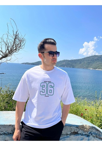 Erkek Bisiklet Yaka Oversize Baskılı T-shirt Beyaz