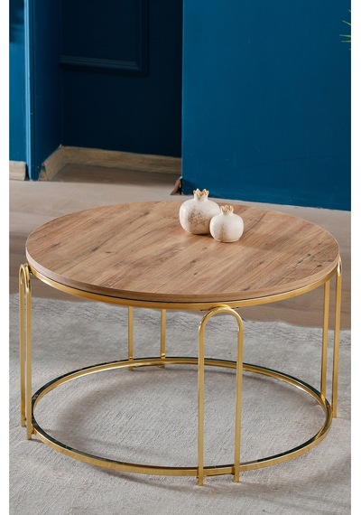Lenka Zigon Orta Sehpa Takımı Yuvarlak Gold Metal 3+1 - Açık Ceviz Sedaş-lenka-zigon-orta-gold Açık Ceviz